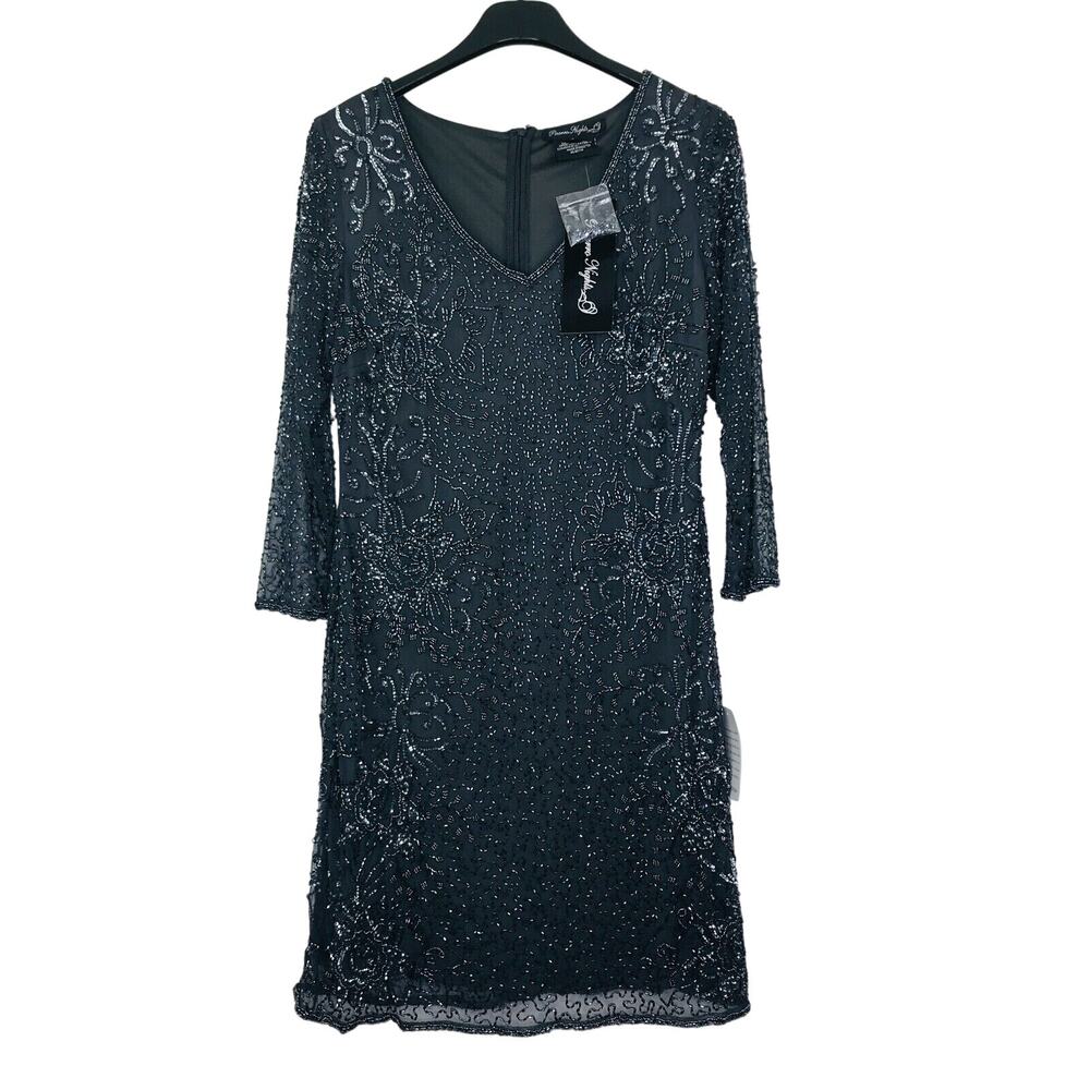 Pisarro Nights Women's 8 Dress Gray Beaded V-Neck Cocktail Sheath NWT Flaw